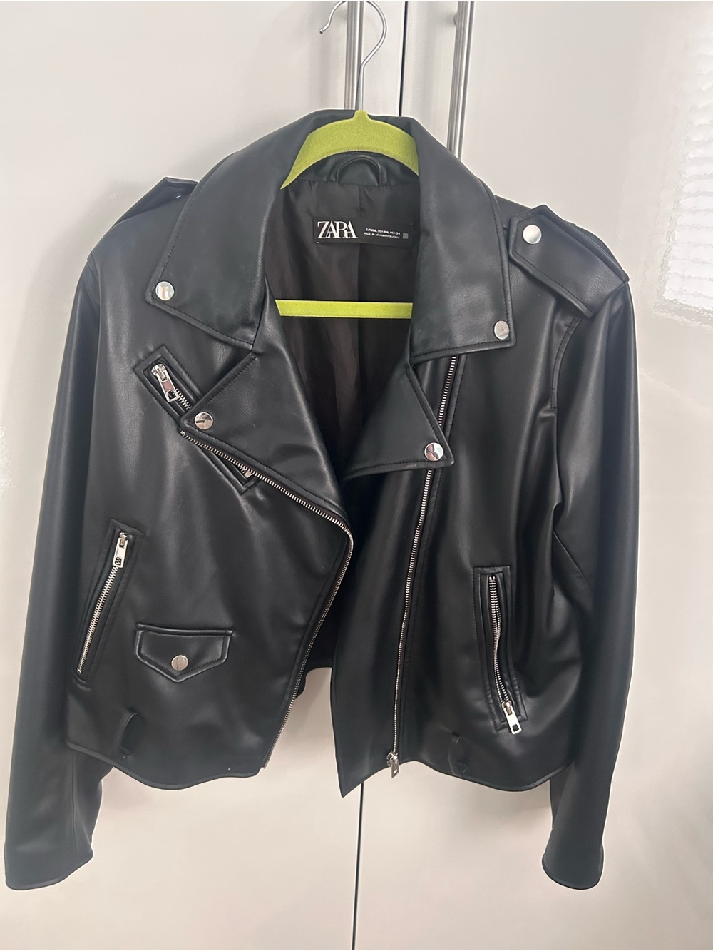 ZARA Black Faux Leather Cropped Biker Jacket with Silver Hardware